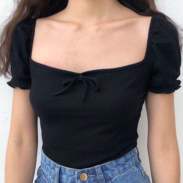 ADICTO Lace Neck Ribbed Top